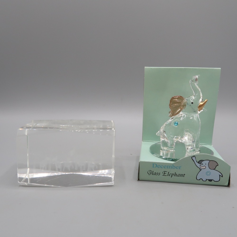 Small 3 Glass Elephant Figurine & Paper Weight Crystal Image Trunk Up Lot of 2